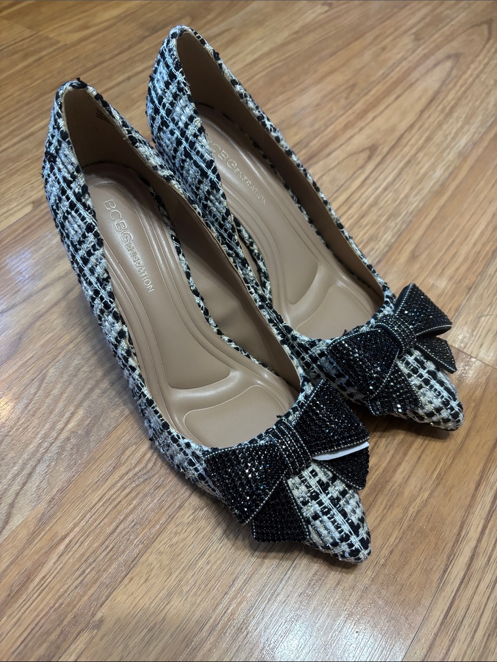 BCBGeneration Black & White Tweed Pointed Toe Heels with Bow